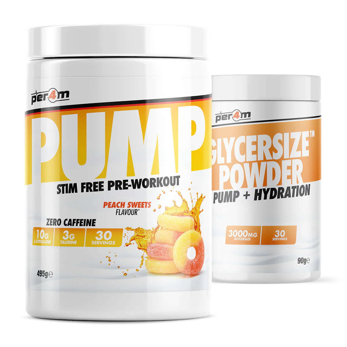 Per4m Pump Stim Free Pre Workout + Glycersize Size: 495g Flavour: Peach Sweets