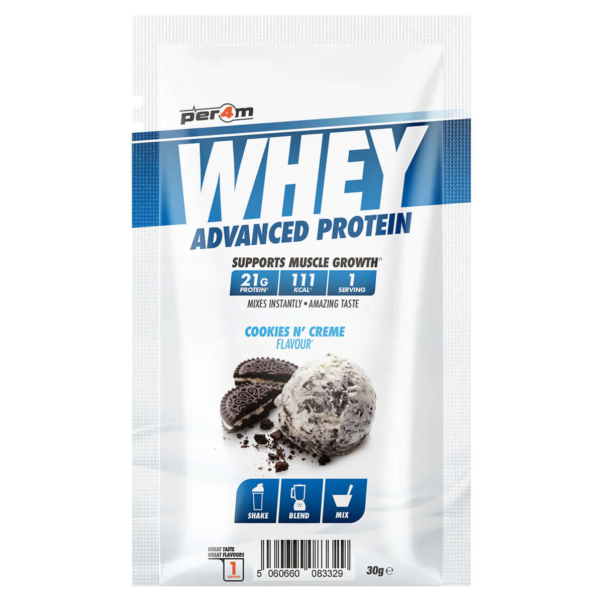 Per4m Whey Sample Sachet Size: Single Serving (30g) Flavour: Cookies & Cream