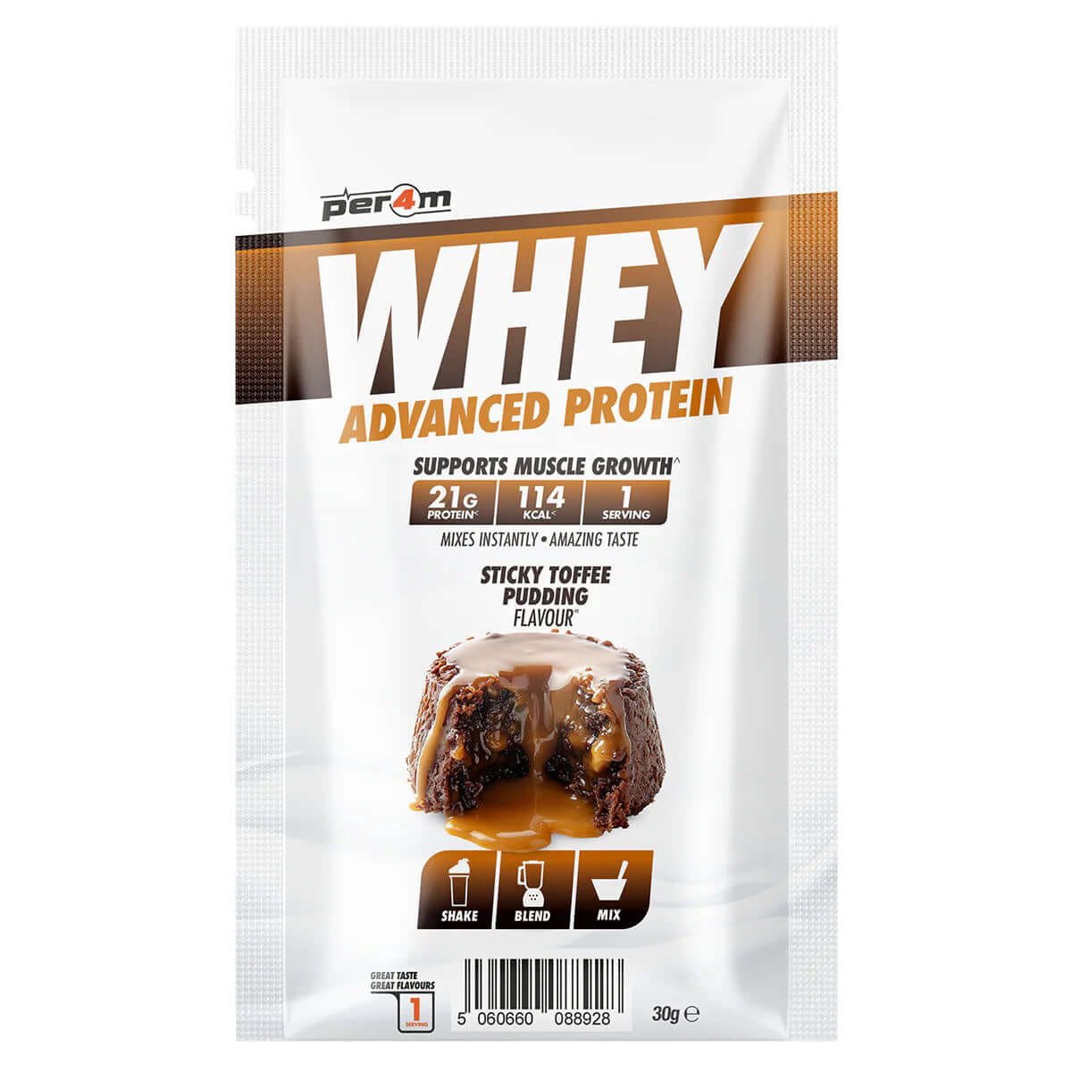 Per4m Whey Sample Sachet Size: Single Serving (30g) Flavour: Sticky Toffee Pudding