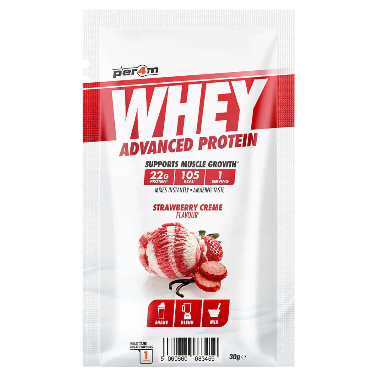 Per4m Whey Sample Sachet Size: Single Serving (30g) Flavour: Strawberry Crème