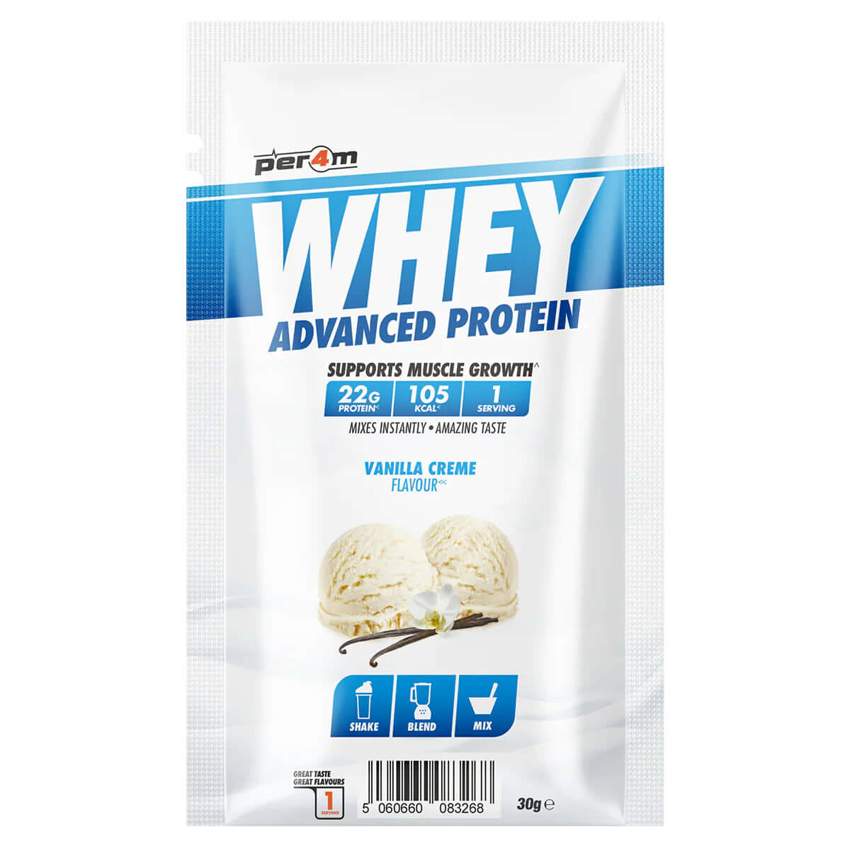 Per4m Whey Sample Sachet Size: Single Serving (30g) Flavour: Vanilla Crème