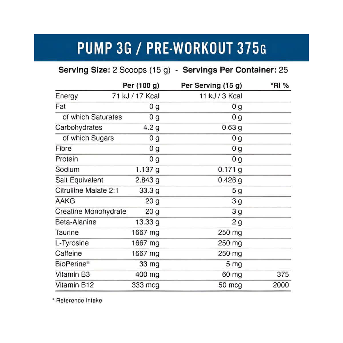 Applied Nutrition Pump 3G Pre Workout (with Caffeine) Nutrition Facts