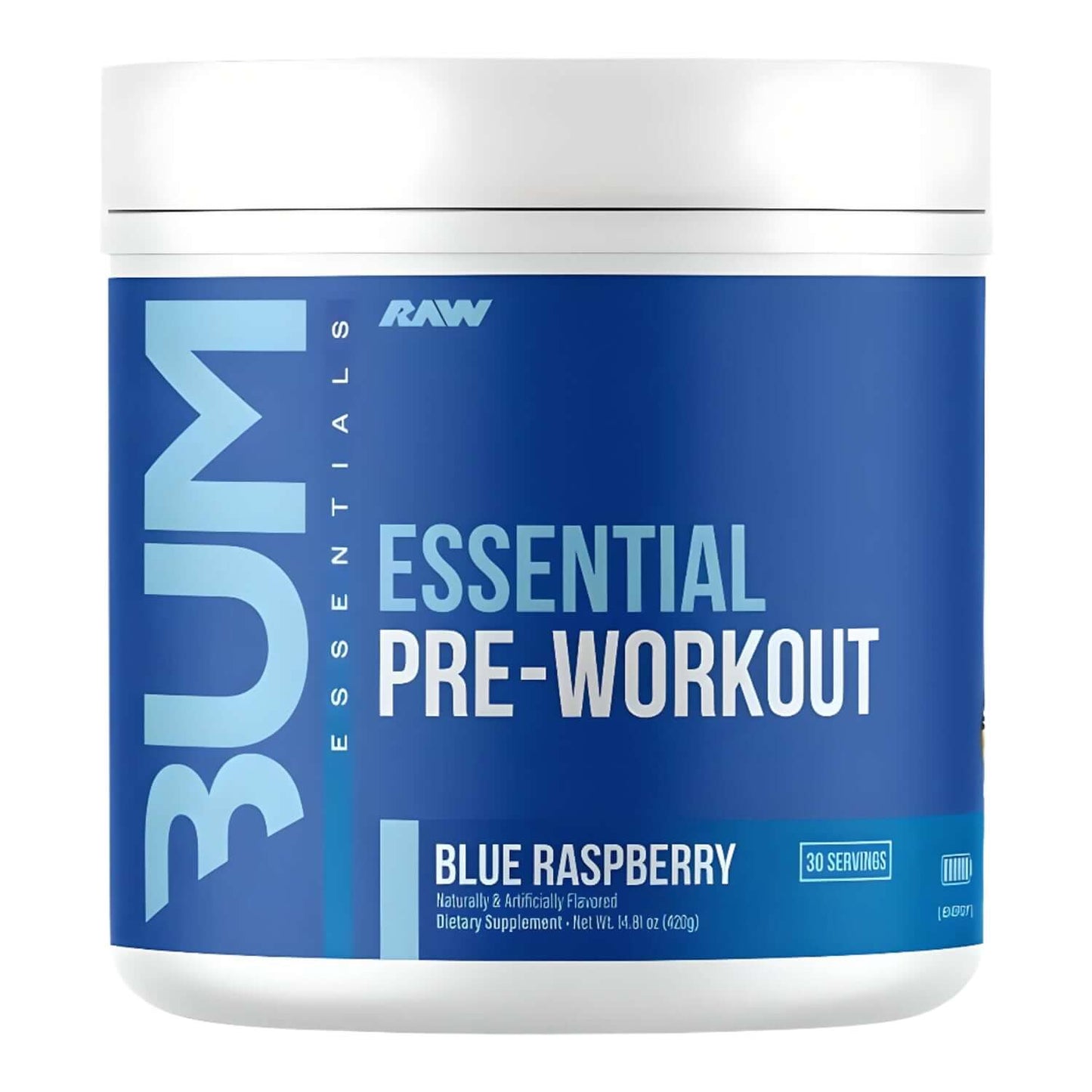 Raw Nutrition CBUM Essential Pre-Workout, Blue Raspberry flavor, 30 servings. Dietary supplement for energy.
