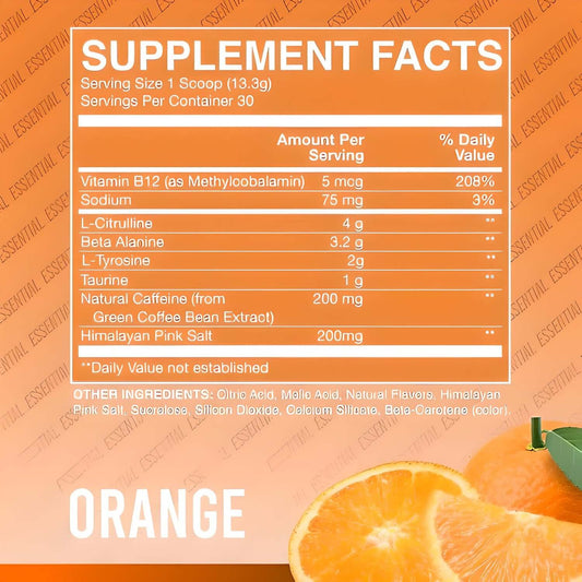 Raw Nutrition CBUM Essential Pre-Workout, Orange flavor, supplement facts including Vitamin B12, Citrulline, and Caffeine.