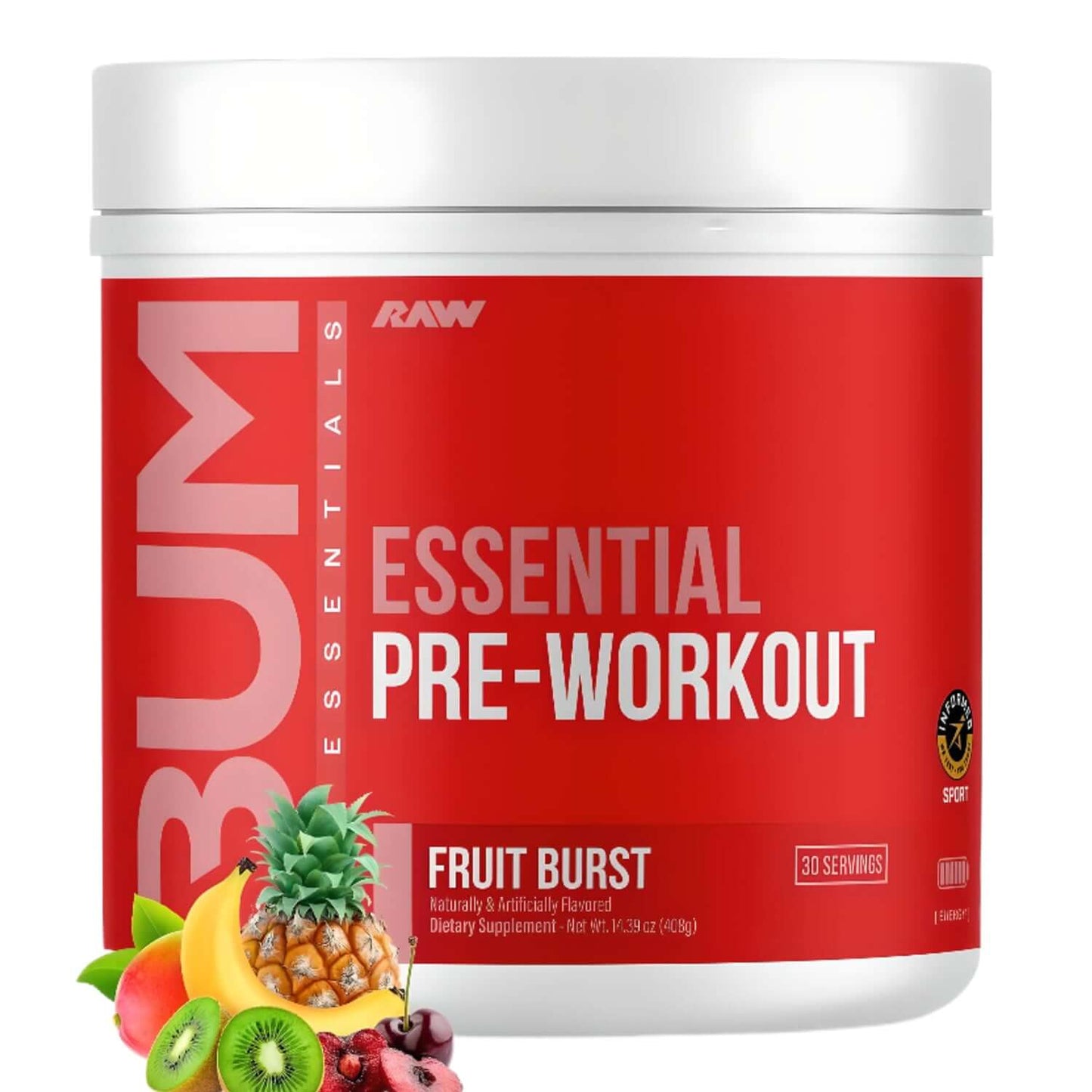 Raw Nutrition CBUM Essential Pre-Workout, Fruit Burst flavor, 30 servings, 408g. Dietary supplement.