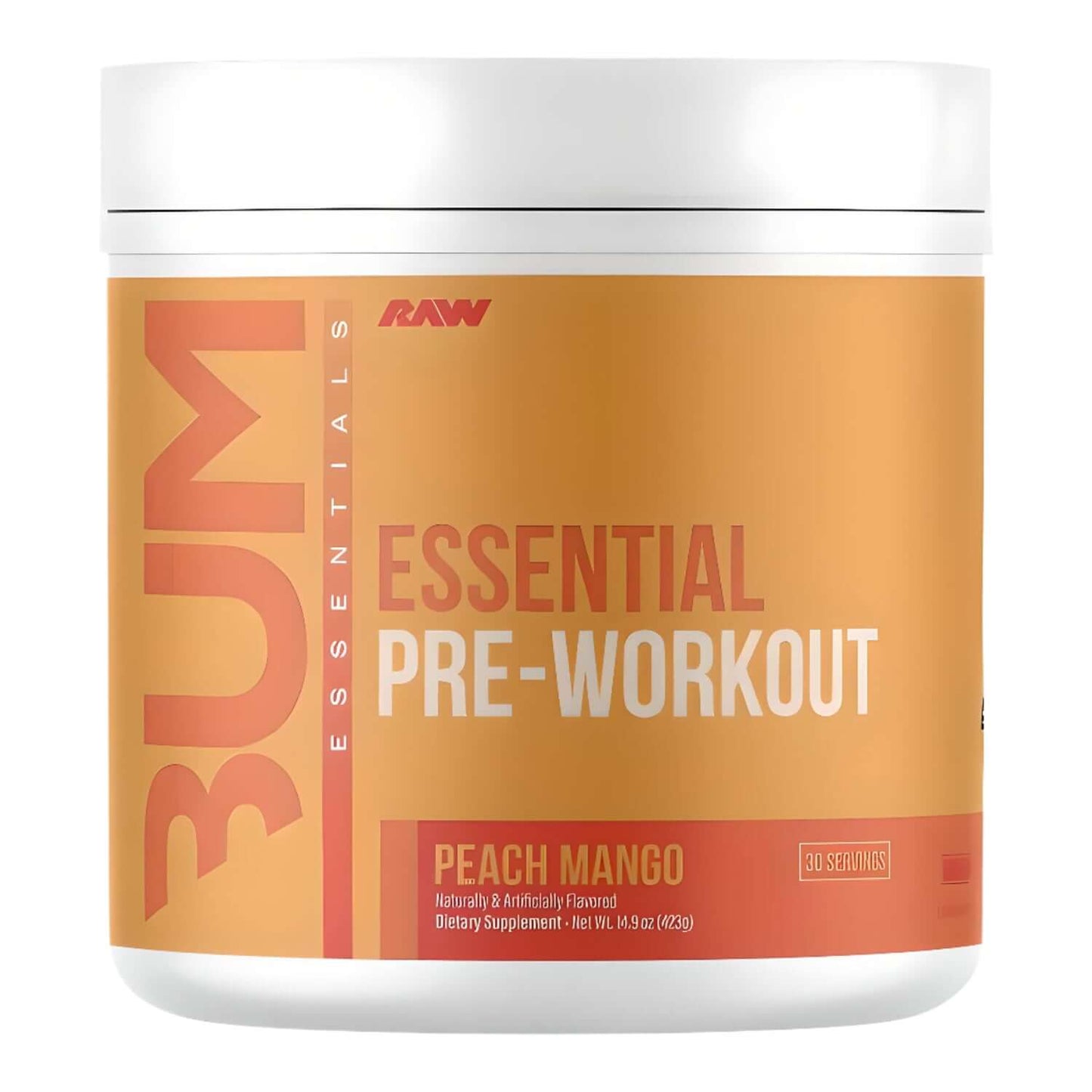 Raw Nutrition CBUM Essential Pre-Workout, Peach Mango flavor, 30 servings.