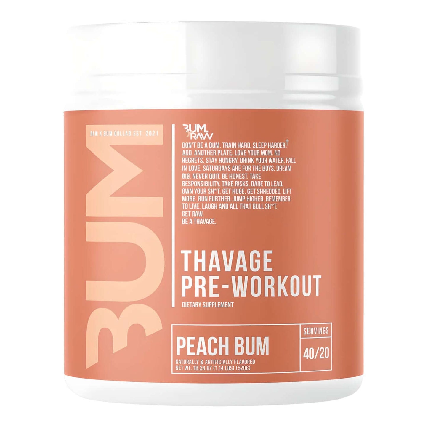 Raw Nutrition CBUM Thavage Pre-Workout, Peach Bum flavor, 520g. Dietary supplement for energy and focus.