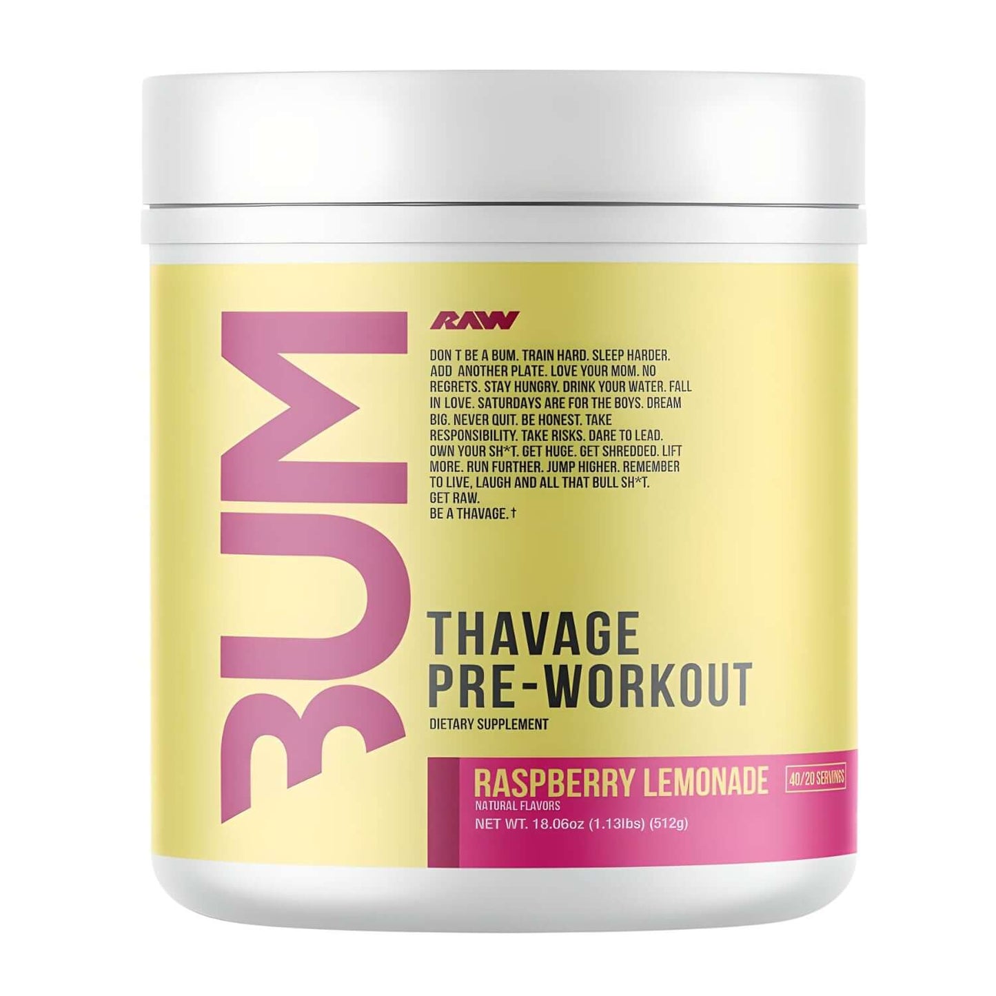 RAW Nutrition Thavage Pre-Workout, Raspberry Lemonade flavor, 40/20 servings, dietary supplement.