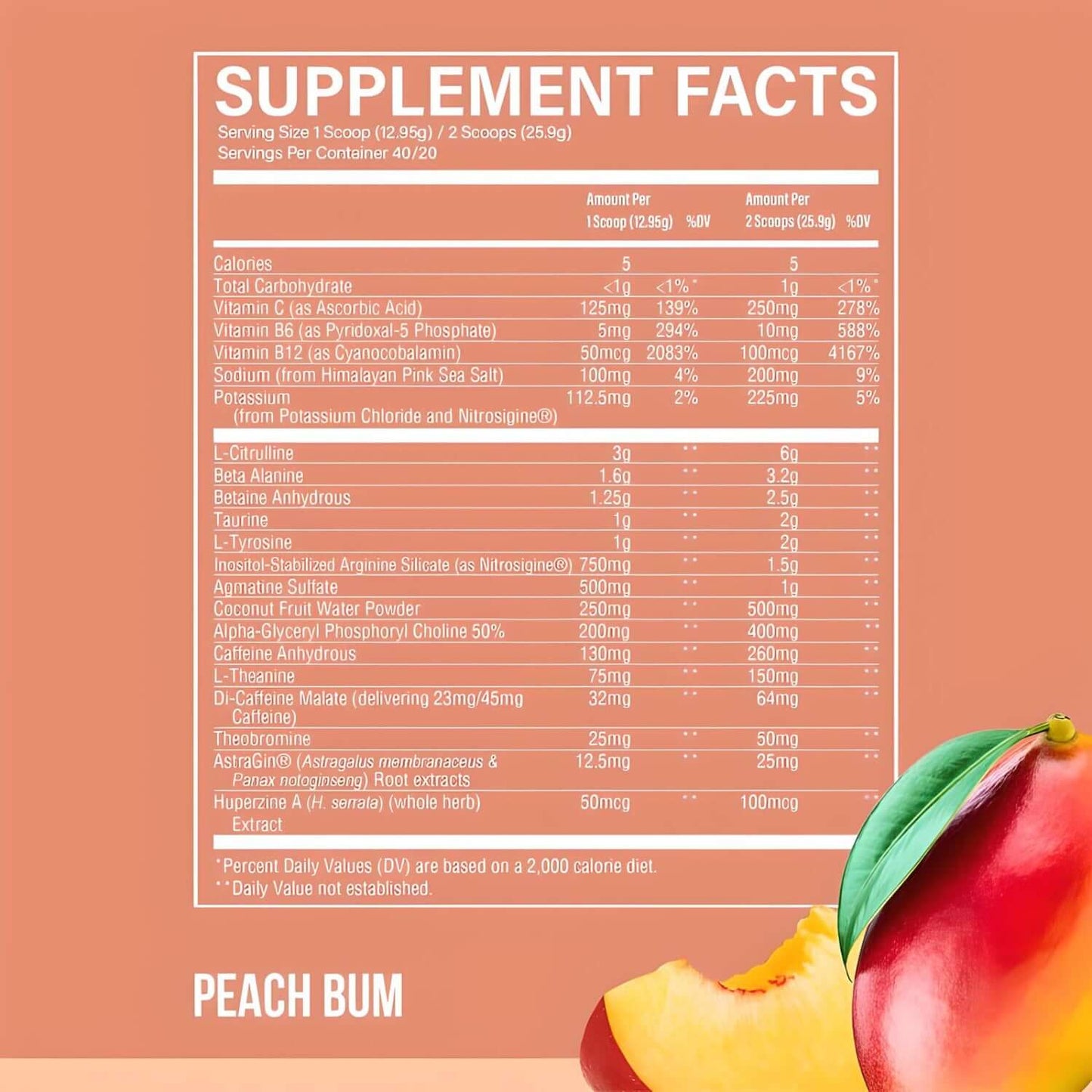 Raw Nutrition CBUM Thavage Peach Bum supplement facts panel with peach image.