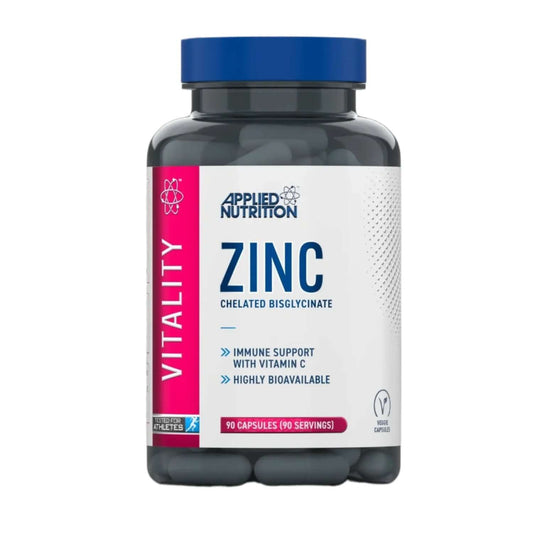 Vitamin supplement bottle labeled 'Zinc' by Applied Nutrition on a white background